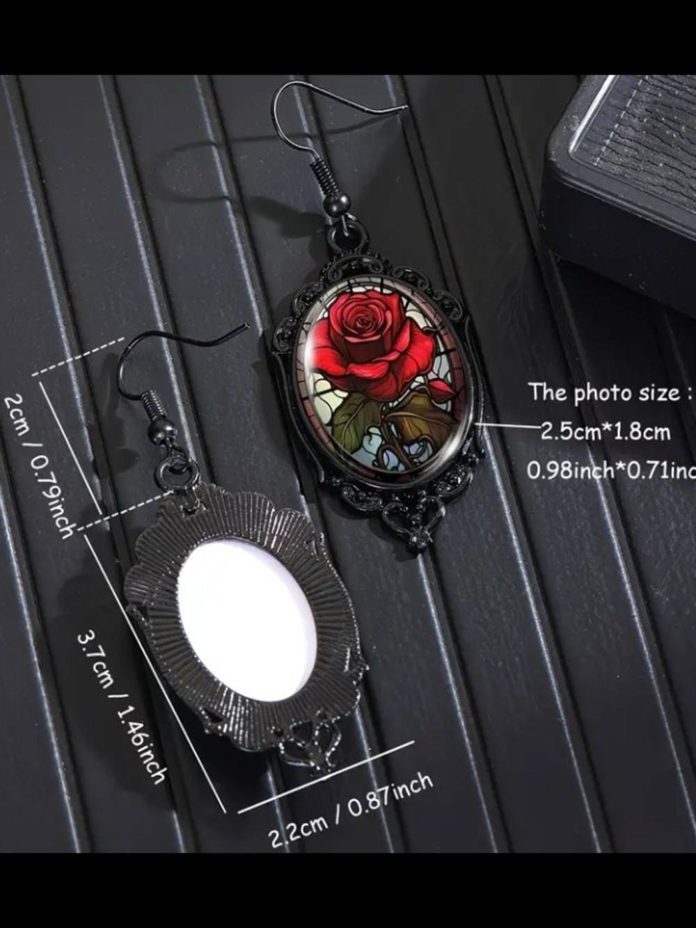Vintage Black Frame Red Rose Drop Earrings - Picture 3 of 4
